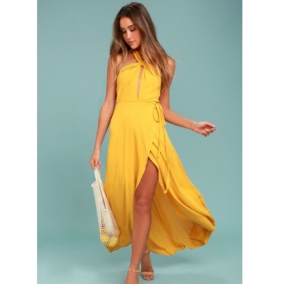 much obliged golden yellow wrap maxi dress